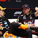 LUSAIL CITY, QATAR - NOVEMBER 30: Race winner Max Verstappen of the Netherlands and Oracle Red Bull Racing and Second placed Oscar Piastri of Australia and McLaren talk in the Drivers Press Conference during the F1 Grand Prix of Qatar at Lusail International Circuit on November 30, 2025 in Lusail City, Qatar. (Photo by Clive Rose/Getty Images)