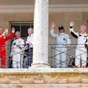 The F1 Champions Balcony Moment at Goodwood featuring Nigel Mansell, Alain Prost, Mario Andretti, Sir Jackie Stewart, Emerson Fittipaldi, Jacques Villeneuve and Mika Hakkinen
