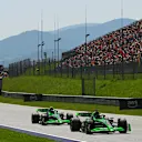 SPIELBERG, AUSTRIA - JUNE 29: Valtteri Bottas of Finland driving the (77) Kick Sauber C44 Ferrari leads Zhou Guanyu of China driving the (24) Kick Sauber C44 Ferrari during the Sprint ahead of the F1 Grand Prix of Austria at Red Bull Ring on June 29, 2024 in Spielberg, Austria. (Photo by Rudy Carezzevoli/Getty Images)