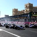 BAKU, AZERBAIJAN - SEPTEMBER 15: Franco Colapinto of Argentina driving the (43) Williams FW46 Mercedes leads Alexander Albon of Thailand driving the (23) Williams FW46 Mercedes at the start during the F1 Grand Prix of Azerbaijan at Baku City Circuit on September 15, 2024 in Baku, Azerbaijan. (Photo by Clive Rose - Formula 1/Formula 1 via Getty Images)
