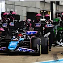 NORTHAMPTON, ENGLAND - JULY 07: Esteban Ocon of France driving the (31) Alpine F1 A524 Renault makes a pitstop during the F1 Grand Prix of Great Britain at Silverstone Circuit on July 07, 2024 in Northampton, England. (Photo by Mark Thompson/Getty Images)
