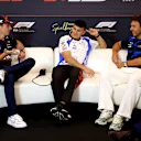 SPIELBERG, AUSTRIA - JUNE 26: Max Verstappen of the Netherlands and Oracle Red Bull Racing Isack Hadjar of France and Visa Cash App Racing Bulls and Pierre Gasly of France and Alpine F1 in the Drivers Press Conference during previews ahead of the F1 Grand Prix of Austria at Red Bull Ring on June 26, 2025 in Spielberg, Austria. (Photo by Clive Rose/Getty Images)