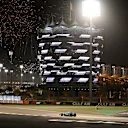 BAHRAIN, BAHRAIN - APRIL 13: Fireworks light the sky as Lance Stroll of Canada driving the (18) Aston Martin F1 Team AMR25 Mercedes heads to parc ferme during the F1 Grand Prix of Bahrain at Bahrain International Circuit on April 13, 2025 in Bahrain, Bahrain. (Photo by Clive Mason/Getty Images)