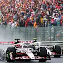 SPA, BELGIUM - JULY 27: Esteban Ocon of France driving the (31) Haas F1 VF-25 Ferrari leads Oliver Bearman of Great Britain driving the (87) Haas F1 VF-25 Ferrari on track during the F1 Grand Prix of Belgium at Circuit de Spa-Francorchamps on July 27, 2025 in Spa, Belgium. (Photo by Ryan Pierse/Getty Images)