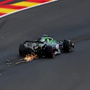 SPA, BELGIUM - JULY 25: Sparks fly behind Nico Hulkenberg of Germany driving the (27) Kick Sauber C45 Ferrari on track during practice ahead of the F1 Grand Prix of Belgium at Circuit de Spa-Francorchamps on July 25, 2025 in Spa, Belgium. (Photo by Mark Sutton - Formula 1/Formula 1 via Getty Images)