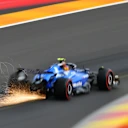 SPA, BELGIUM - JULY 26: Sparks fly behind Carlos Sainz of Spain driving the (55) Williams FW47 Mercedes on track during qualifying ahead of the F1 Grand Prix of Belgium at Circuit de Spa-Francorchamps on July 26, 2025 in Spa, Belgium. (Photo by James Sutton - Formula 1/Formula 1 via Getty Images)