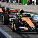 SAO PAULO, BRAZIL - NOVEMBER 07: Lando Norris of Great Britain driving the (4) McLaren MCL39 Mercedes leads Oscar Piastri of Australia driving the (81) McLaren MCL39 Mercedes on track during Sprint Qualifying ahead of the F1 Grand Prix of Brazil at Autodromo Jose Carlos Pace on November 07, 2025 in Sao Paulo, Brazil. (Photo by Mark Sutton - Formula 1/Formula 1 via Getty Images)