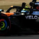 NORTHAMPTON, ENGLAND - JULY 04: Lando Norris of Great Britain driving the (4) McLaren MCL39 Mercedes waves to the crowd during practice ahead of the F1 Grand Prix of Great Britain at Silverstone Circuit on July 04, 2025 in Northampton, England. (Photo by Mark Sutton - Formula 1/Formula 1 via Getty Images)