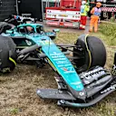 ZANDVOORT, NETHERLANDS - AUGUST 29: The damaged car of Lance Stroll of Canada and Aston Martin F1 Team after a crash during practice ahead of the F1 Grand Prix of Netherlands at Circuit Zandvoort on August 29, 2025 in Zandvoort, Netherlands. (Photo by Mark Sutton - Formula 1/Formula 1 via Getty Images)