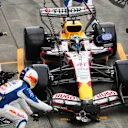 SUZUKA, JAPAN - MARCH 29: Arvid Lindblad of Great Britain driving the (41) Visa Cash App Racing Bulls VCARB 03 RB Ford makes a pitstop during the F1 Grand Prix of Japan at Suzuka Circuit on March 29, 2026 in Suzuka, Japan. (Photo by Peter Fox/Getty Images)