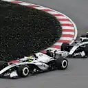MONTREAL, QUEBEC - MAY 24: Sergio Perez of Mexico driving the (11) Cadillac F1 Team MAC-26 Ferrari leads Valtteri Bottas of Finland driving the (77) Cadillac F1 Team MAC-26 Ferrari and Alexander Albon of Thailand driving the (23) Williams FW48 Mercedes on track during the F1 Grand Prix of Canada at Circuit Gilles-Villeneuve on May 24, 2026 in Montreal, Quebec. (Photo by Mark Sutton - Formula 1/Formula 1 via Getty Images)