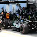 MIAMI, FLORIDA - MAY 01: George Russell of Great Britain driving the (63) Mercedes AMG Petronas F1 Team W17 makes a pitstop during practice ahead of the F1 Grand Prix of Miami at Miami International Autodrome on May 01, 2026 in Miami, Florida. (Photo by Mark Sutton - Formula 1/Formula 1 via Getty Images)