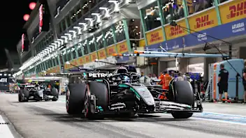 SINGAPORE, SINGAPORE - OCTOBER 04: George Russell of Great Britain driving the (63) Mercedes AMG