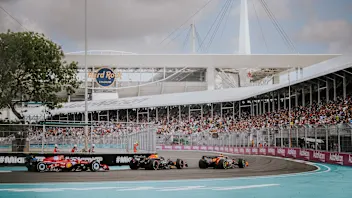 MIAMI, FLORIDA - MAY 05: Charles Leclerc of Monaco, Ferrari SF-24, and Max Verstappen of the