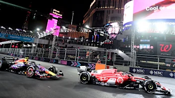 Las Vegas, NV - November 18: Charles Leclerc, right, leads Sergio Perez, left, as they make the