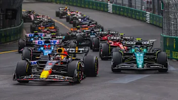 Max Verstappen of Red Bull Racing is seen leading on the track during the start of F1 Grand Prix of
