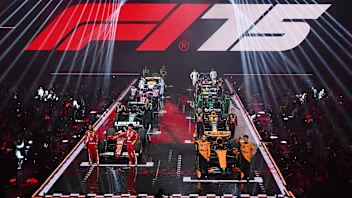 LONDON, ENGLAND - FEBRUARY 18: The 2025 drivers and their cars on stage during F1 75 Live at The O2