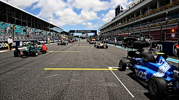 MIAMI, FLORIDA - MAY 04: A general view of the grid preparations during race 1 during Round 2 Miami