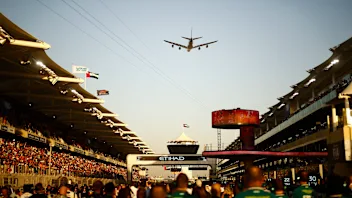 ABU DHABI, UNITED ARAB EMIRATES - DECEMBER 08: An Etihad Airbus A380 flies over the grid prior to