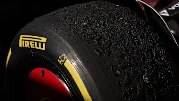 AUSTIN, TEXAS - OCTOBER 19: Worn tyre on the car of Third placed Charles Leclerc of Monaco and