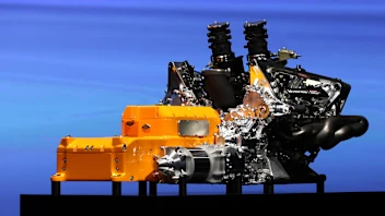 TOKYO, JAPAN - JANUARY 20: The RA626H engine is displayed during the Honda x Aston Martin Aramco