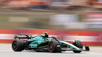 BARCELONA, SPAIN - JUNE 04: Fernando Alonso of Spain driving the (14) Aston Martin AMR23 Mercedes