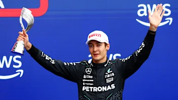 MONTREAL, QUEBEC - JUNE 09: Third placed George Russell of Great Britain and Mercedes celebrates
