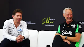 BAHRAIN, BAHRAIN - APRIL 11: James Vowles, Team Principal of Williams and Jonathan Wheatley, Team