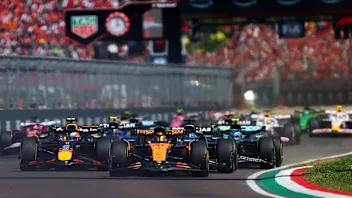 IMOLA, ITALY - MAY 18: Oscar Piastri of Australia driving the (81) McLaren MCL39 Mercedes leads Max