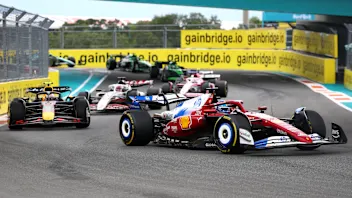 MIAMI, FLORIDA - MAY 04: Charles Leclerc of Monaco driving the (16) Scuderia Ferrari SF-25 leads