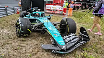 ZANDVOORT, NETHERLANDS - AUGUST 29: The damaged car of Lance Stroll of Canada and Aston Martin F1