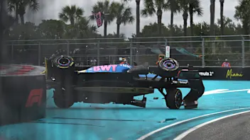 MIAMI, FLORIDA - MAY 03: Pierre Gasly of France driving the (10) Alpine F1 A526 Mercedes crashes