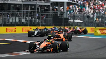 MIAMI, FLORIDA - MAY 02: Lando Norris of Great Britain driving the (1) McLaren MCL40 Mercedes leads