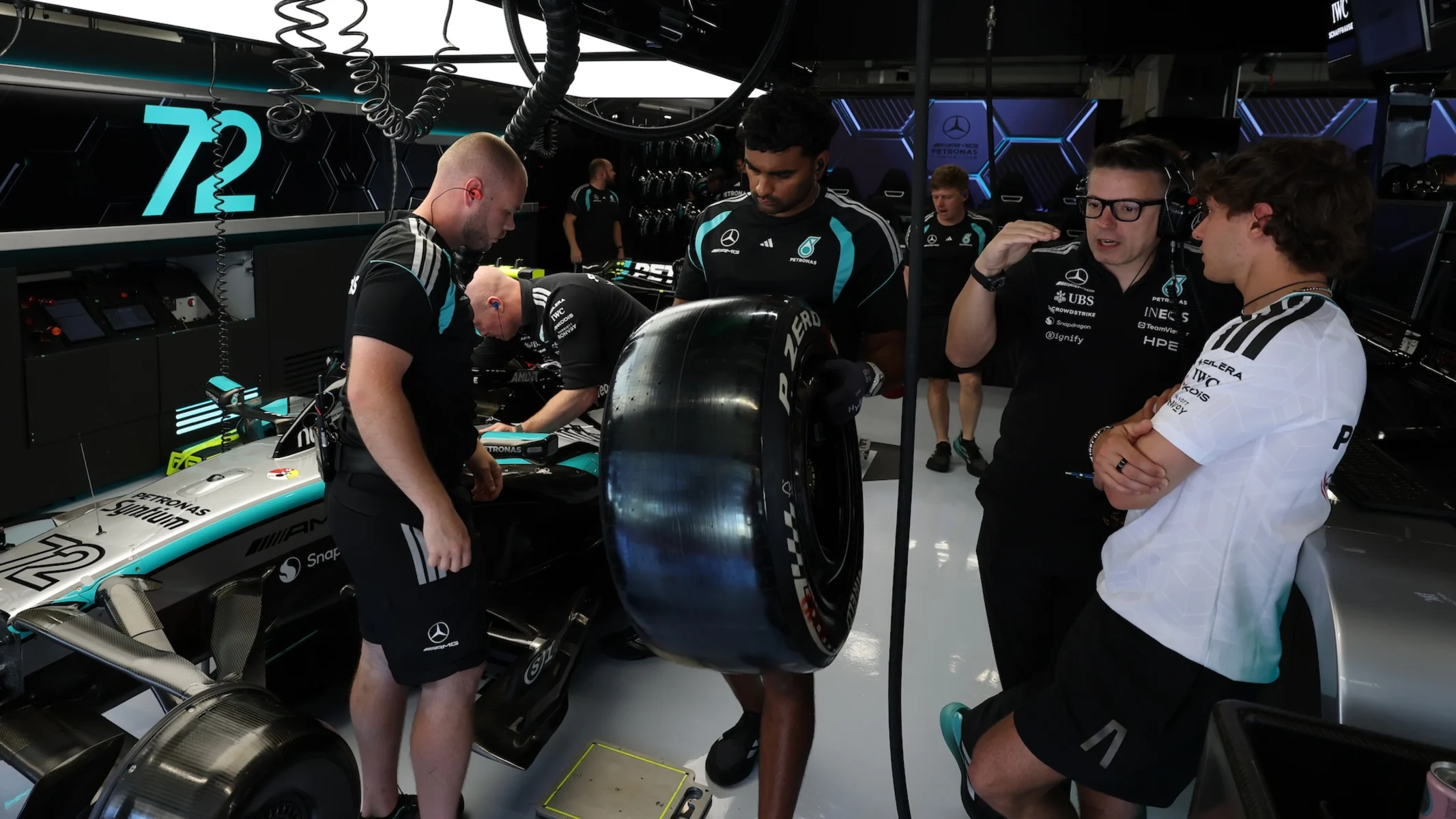 BARCELONA, SPAIN - JUNE 12: Andrea Kimi Antonelli of Italy and Mercedes AMG Petronas F1 Team talks