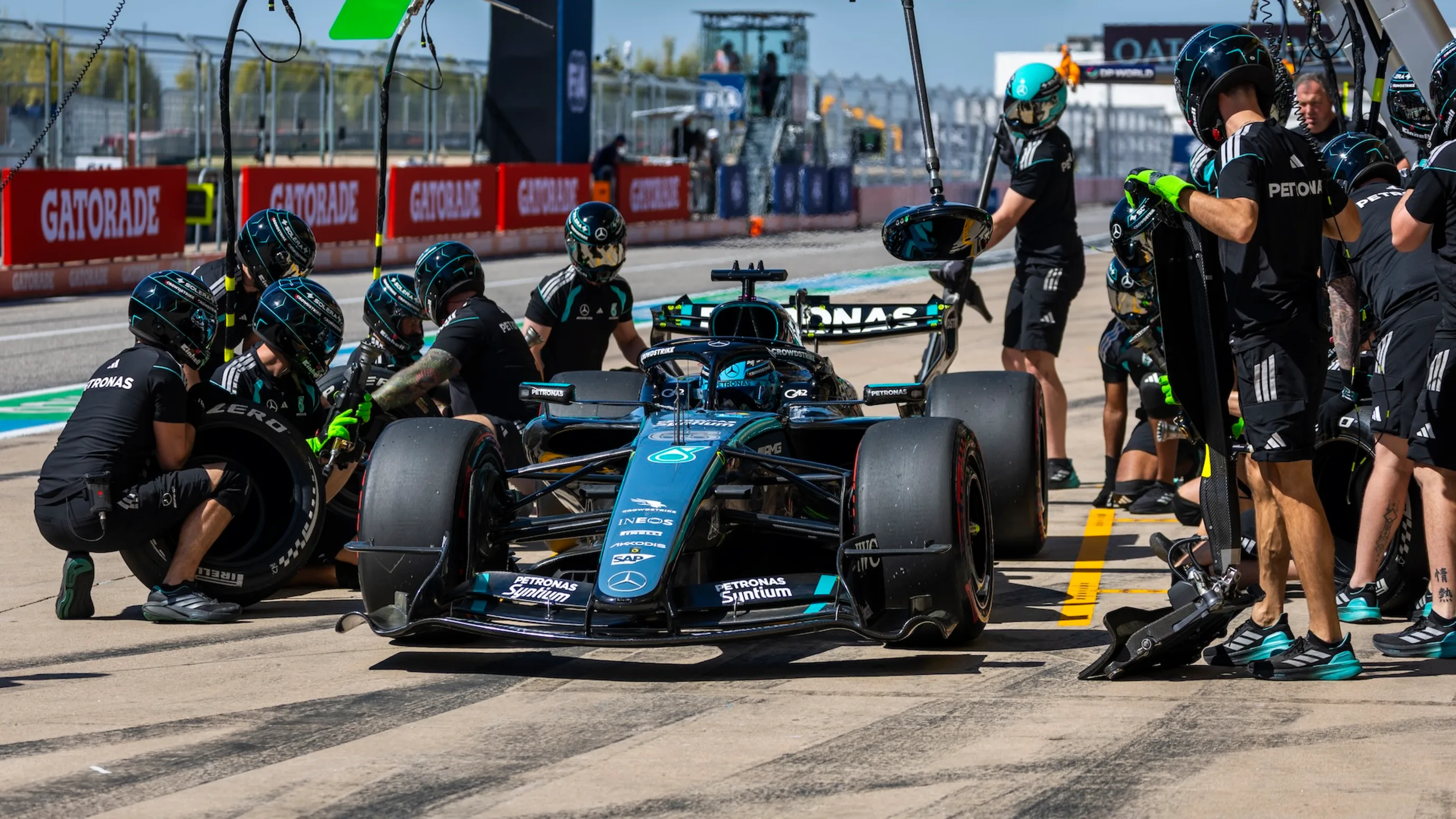 AUSTIN, TEXAS - OCTOBER 23: George Russell of Great Britain driving the (63) Mercedes AMG Petronas