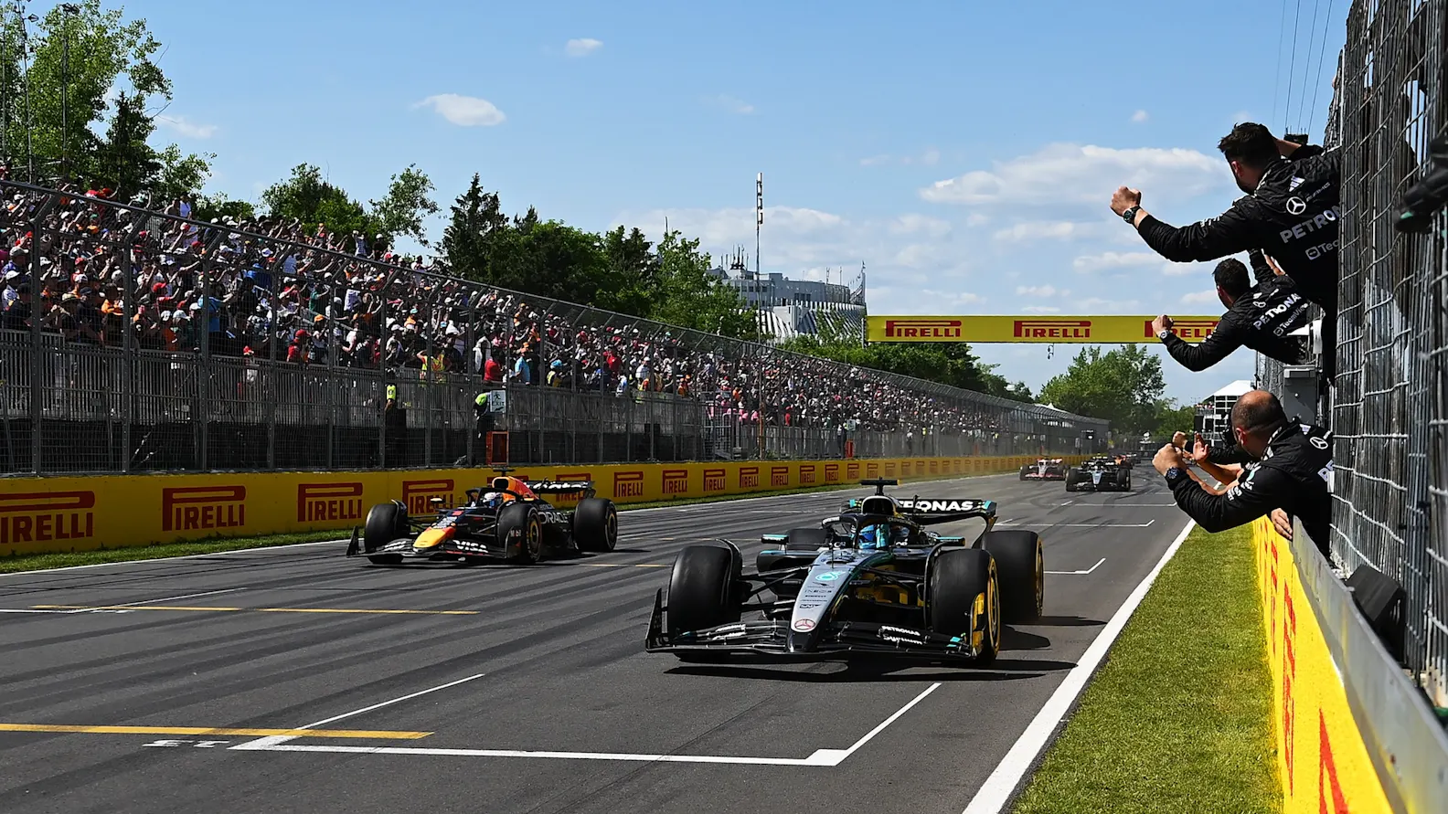 MONTREAL, QUEBEC - JUNE 15: Race winner George Russell of Great Britain driving the (63) Mercedes