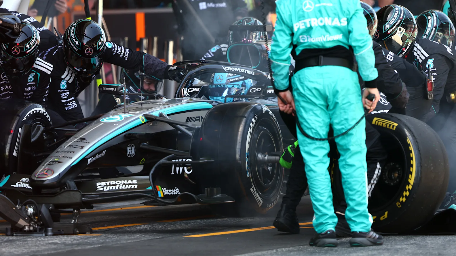 BARCELONA, SPAIN - JUNE 14: George Russell of Great Britain driving the (63) Mercedes AMG Petronas