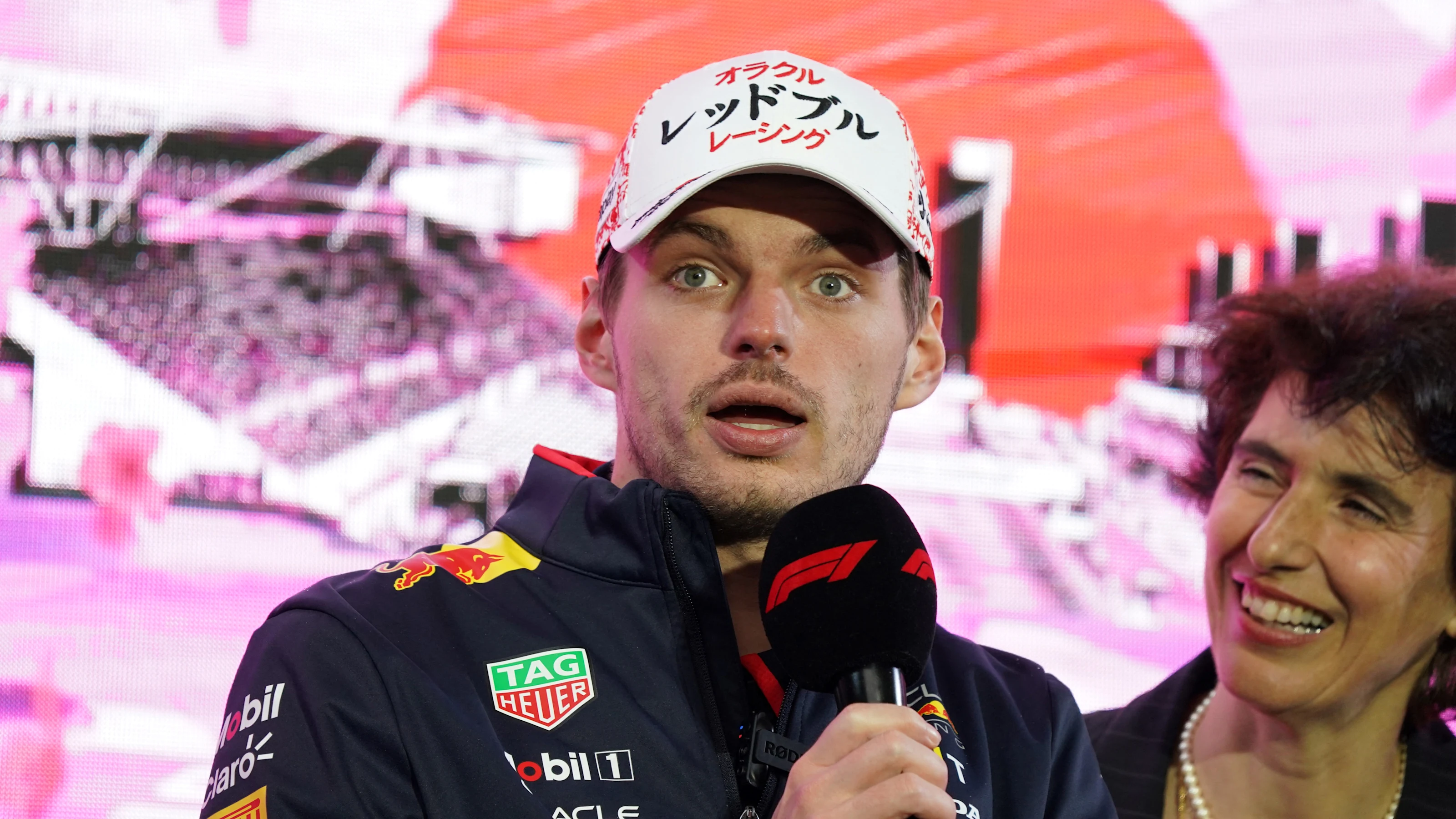 Red Bull Racing's Dutch driver Max Verstappen speaks during a talk session as part of the 2024 FIA
