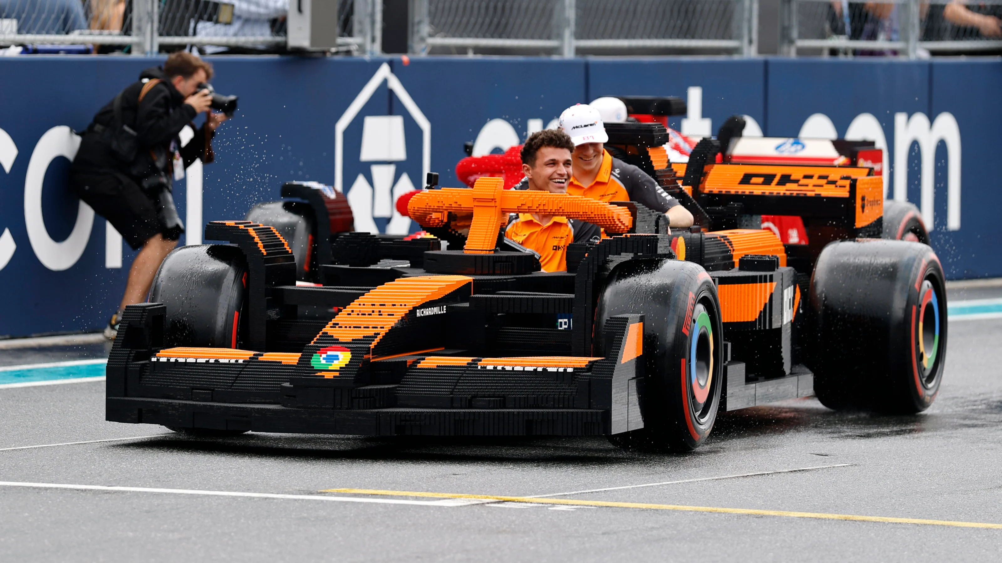 MIAMI, FLORIDA - MAY 04: Lando Norris of Great Britain and McLaren and Oscar Piastri of Australia