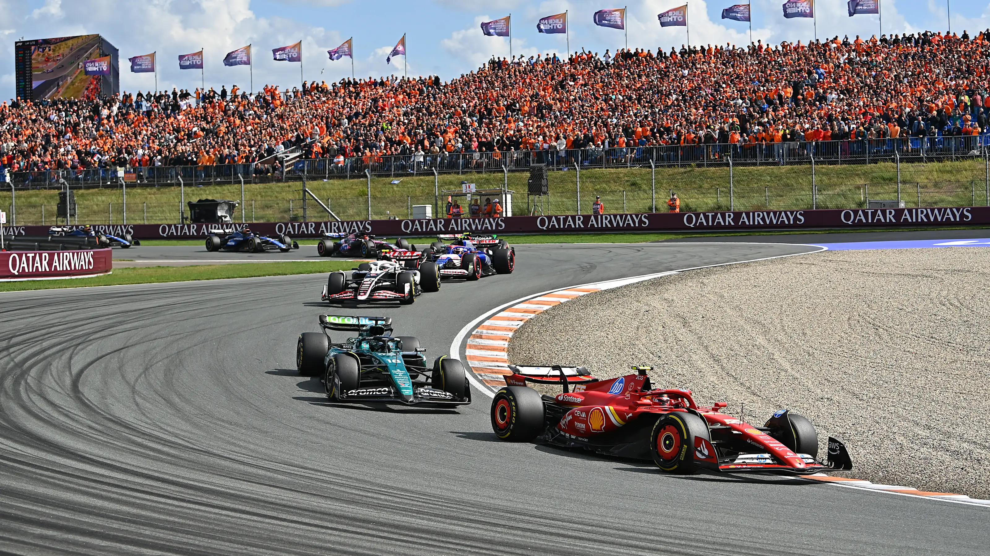 ZANDVOORT, NETHERLANDS - AUGUST 25: Carlos Sainz of Spain driving the (55) Ferrari SF-24 leads