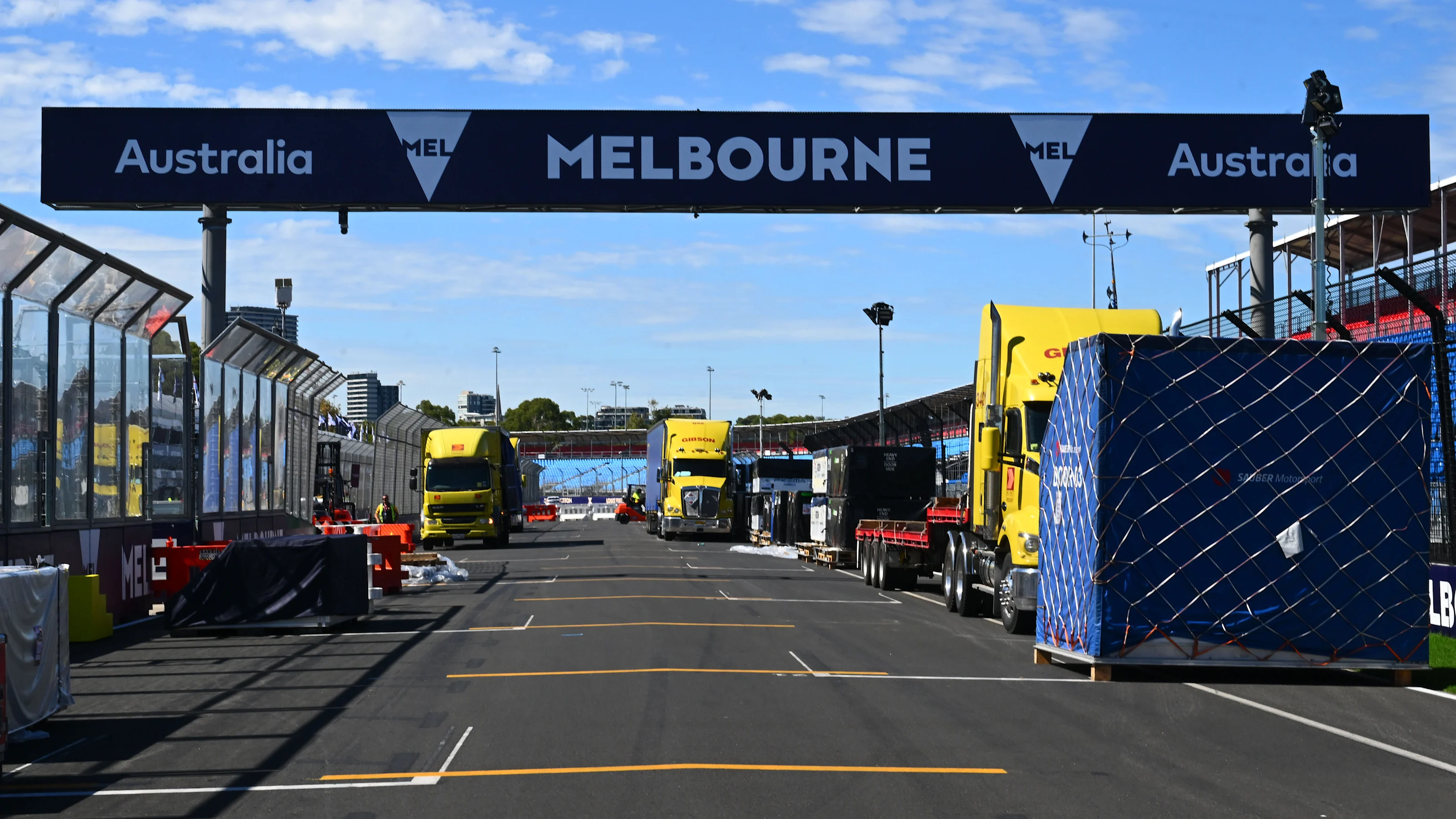 MELBOURNE, AUSTRALIA - MARCH 10: F1 team freight is seen on the start/finish straight during