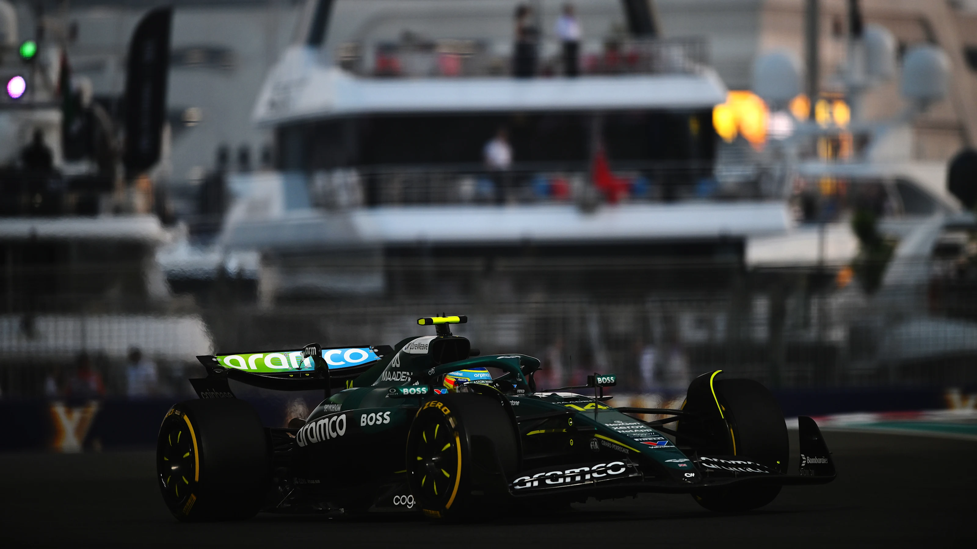 ABU DHABI, UNITED ARAB EMIRATES - DECEMBER 05: Fernando Alonso of Spain driving the (14) Aston