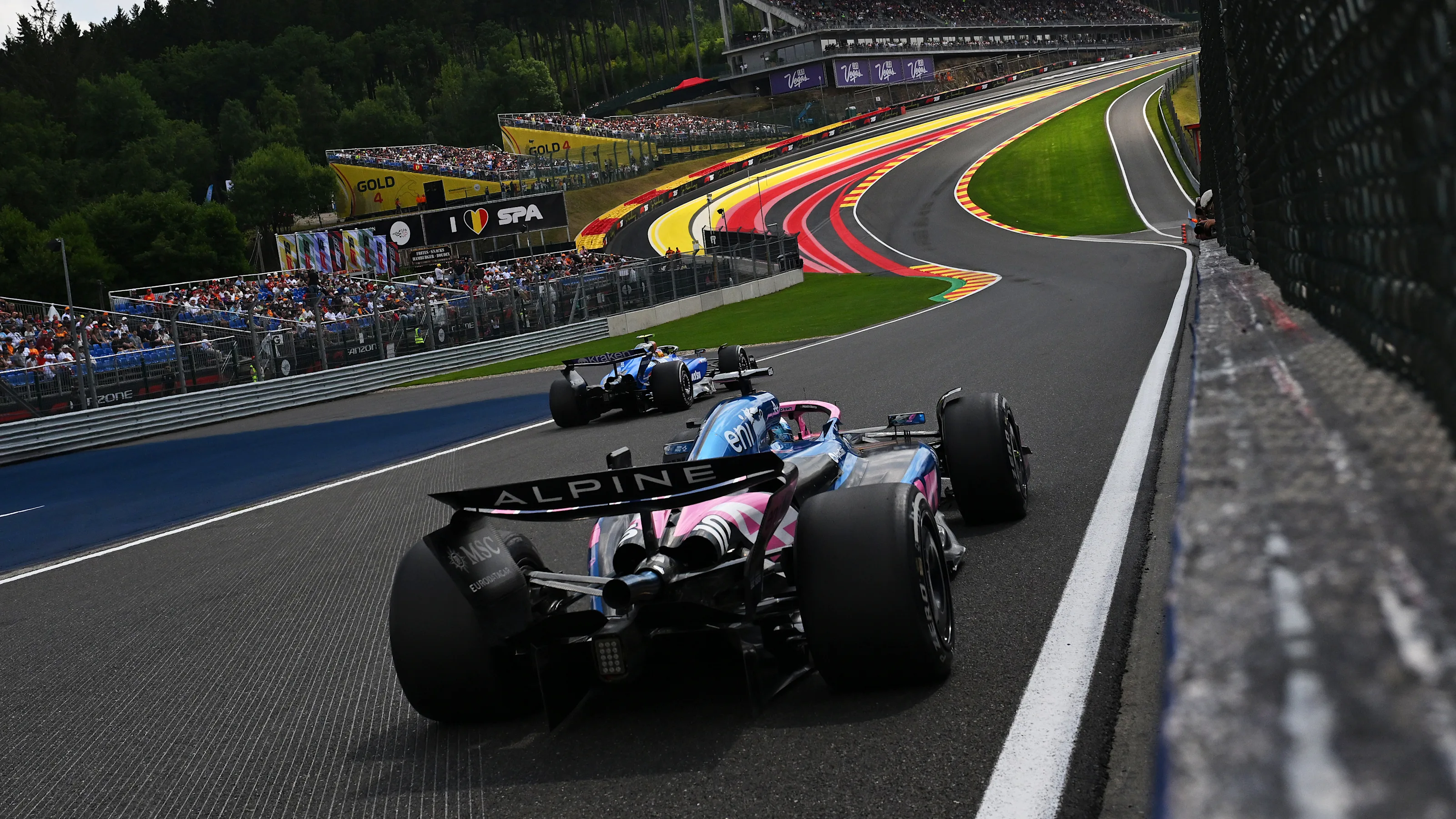 SPA, BELGIUM - JULY 25: Carlos Sainz of Spain driving the (55) Williams FW47 Mercedes leads Pierre
