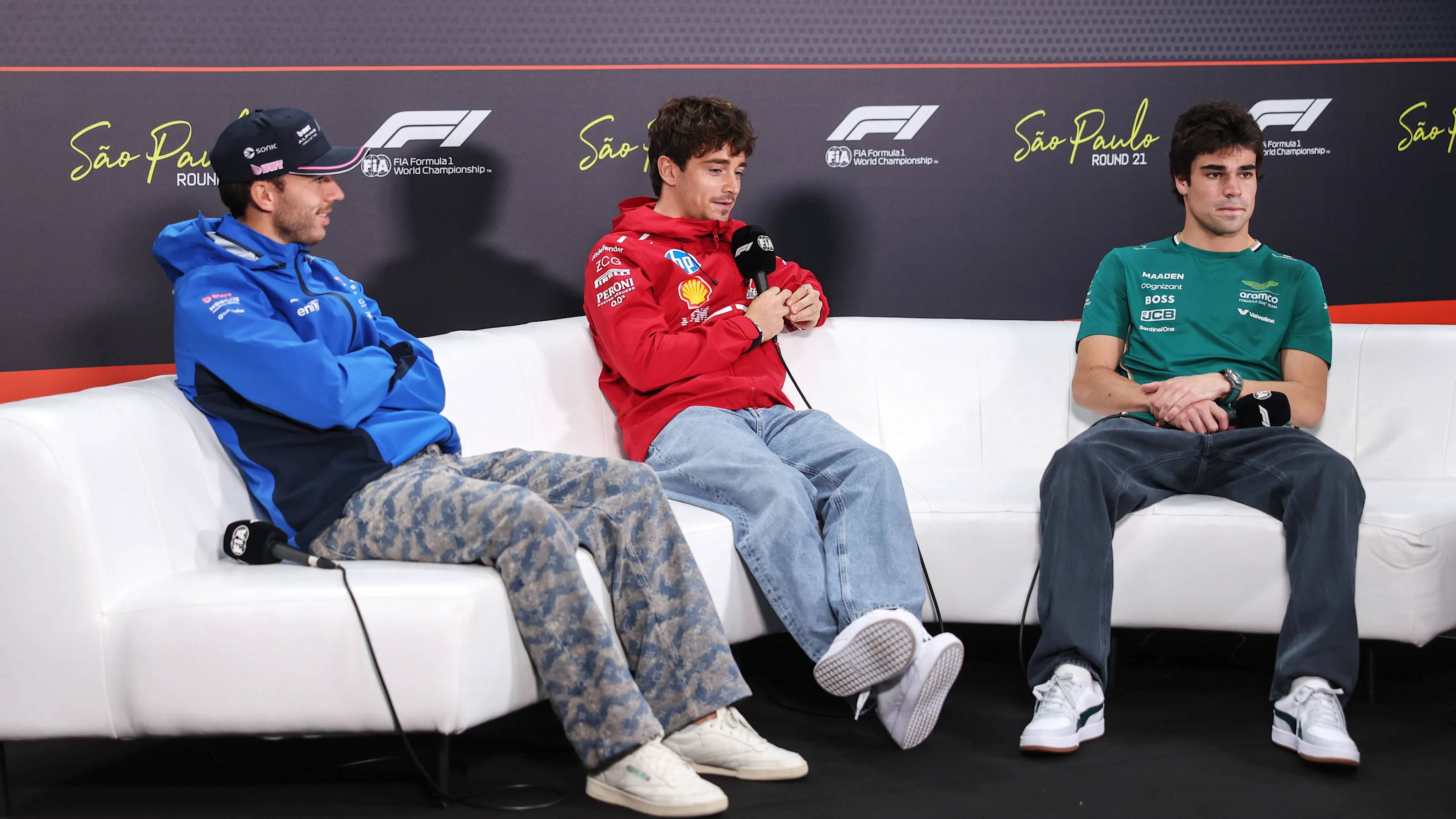 SAO PAULO, BRAZIL - NOVEMBER 06: Pierre Gasly of France and Alpine F1, Charles Leclerc of Monaco