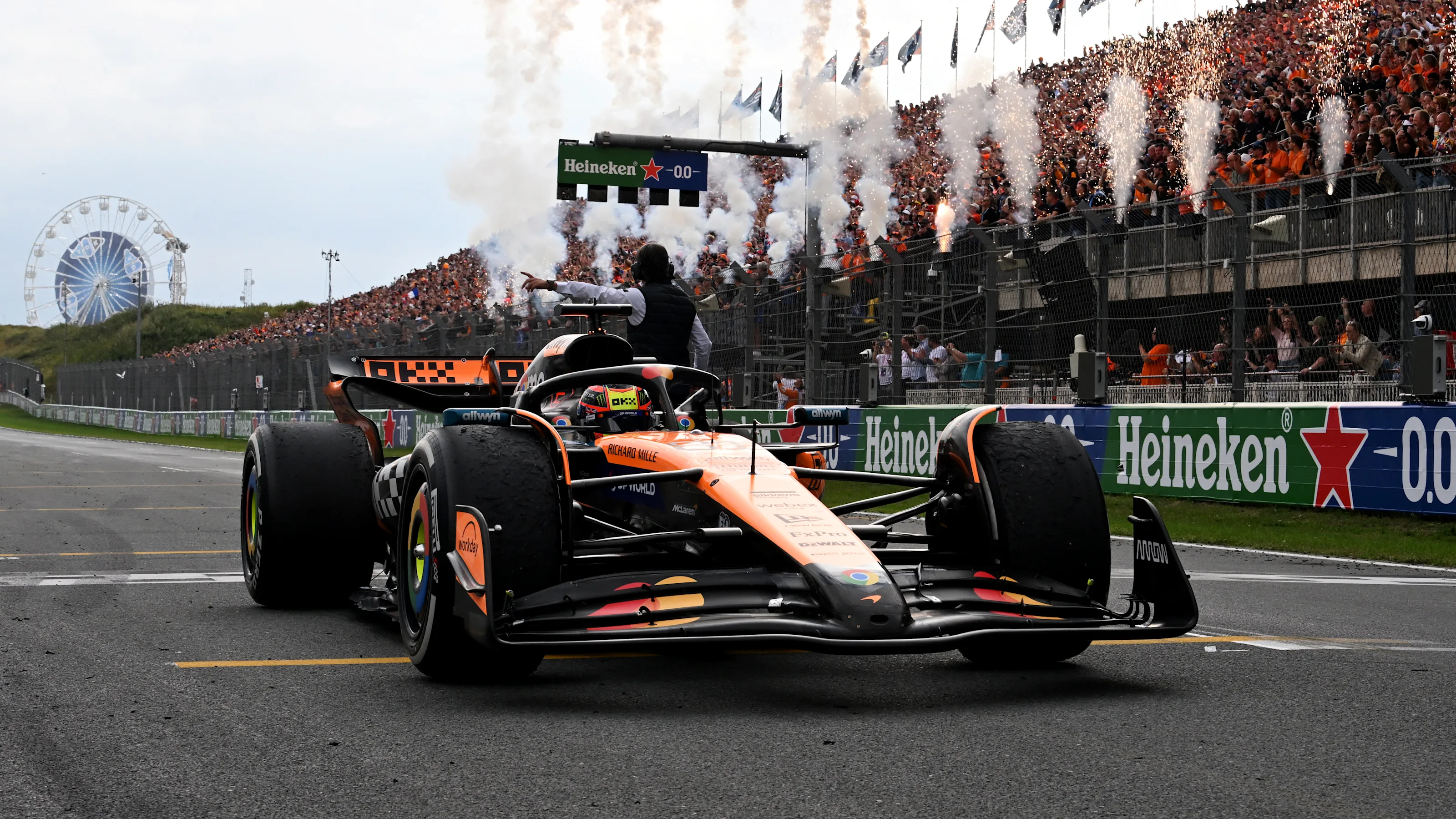 ZANDVOORT, NETHERLANDS - AUGUST 31: Race winner Oscar Piastri of Australia and McLaren arrives in
