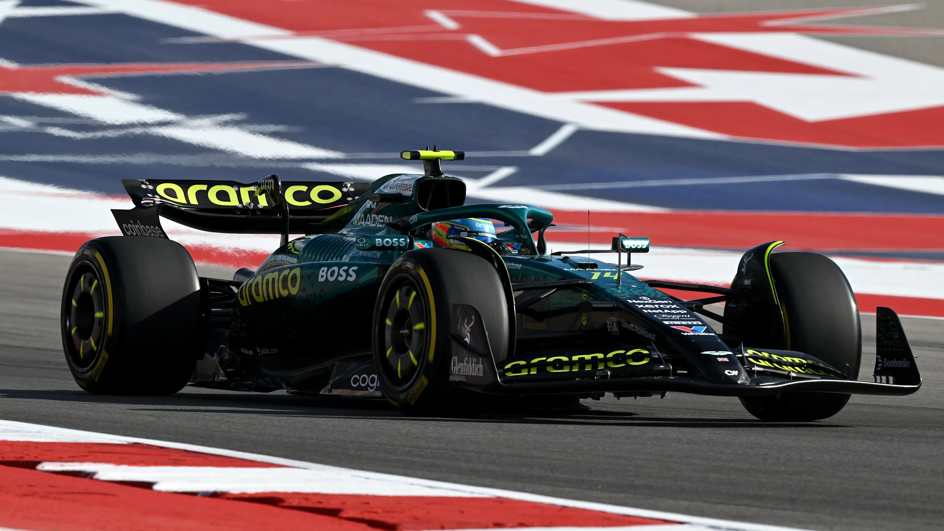 AUSTIN, TEXAS - OCTOBER 17: Fernando Alonso of Spain driving the (14) Aston Martin F1 Team AMR25