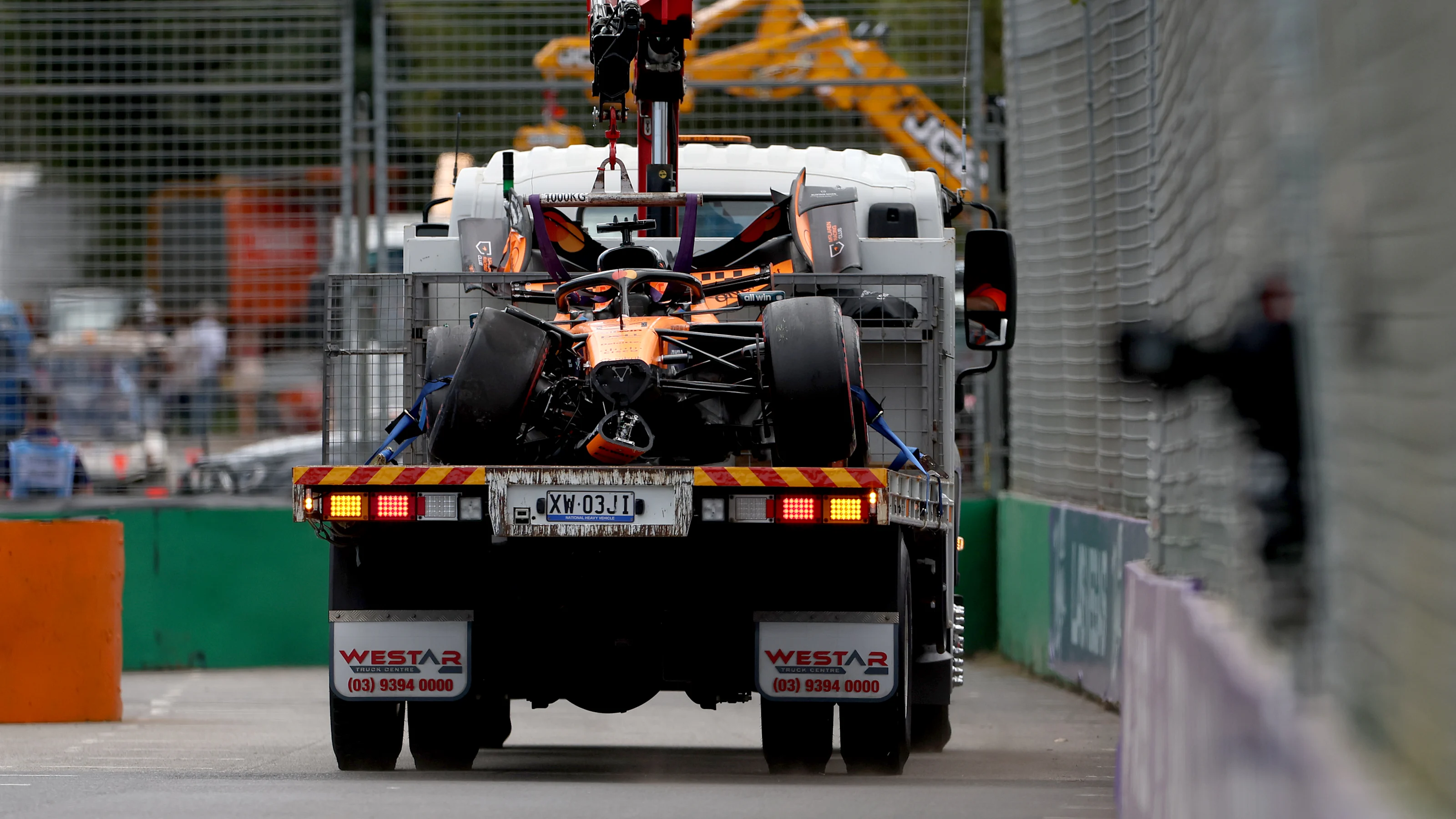 MELBOURNE, AUSTRALIA - MARCH 08: The crashed car of Oscar Piastri of Australia driving the (81)