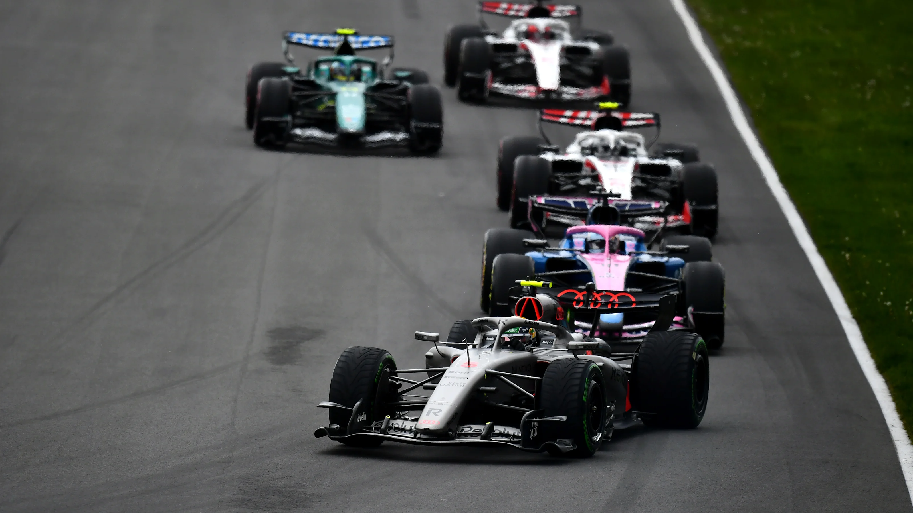 MONTREAL, QUEBEC - MAY 24: Gabriel Bortoleto of Brazil driving the (5) Audi F1 Team R26 leads
