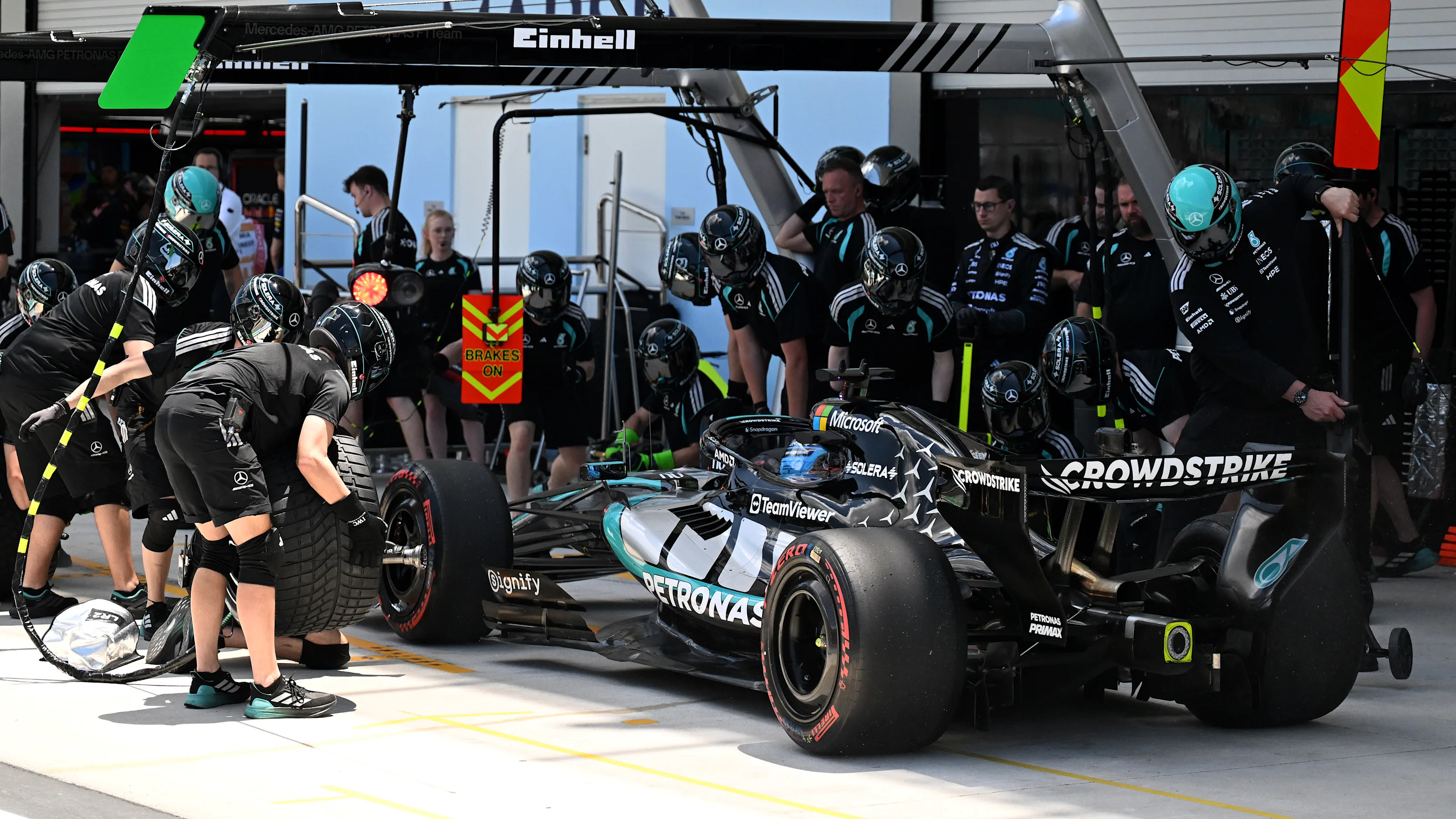 MIAMI, FLORIDA - MAY 01: George Russell of Great Britain driving the (63) Mercedes AMG Petronas F1