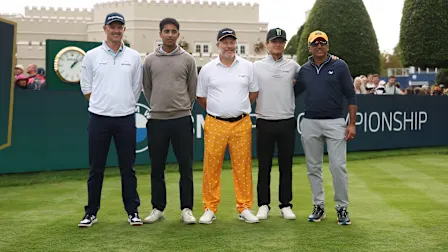 VIRGINIA WATER, ENGLAND - SEPTEMBER 16: Justin Rose, Ashwini Mathur, Zak Brown, Lando Norris and